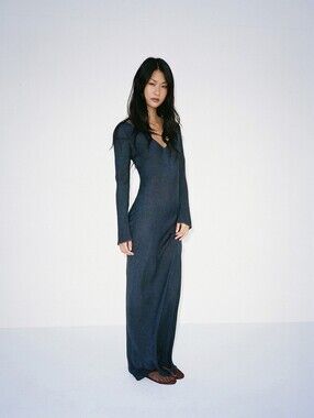 New Realisation Par Odilia in Dark Denim Print Size Large 100% Silk Maxi Dress